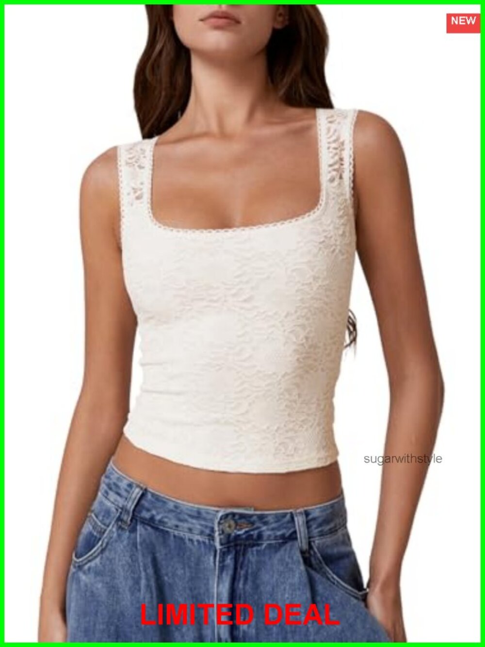Sleeveless Square Neck Double-Layer Tank Top with Lace Trim